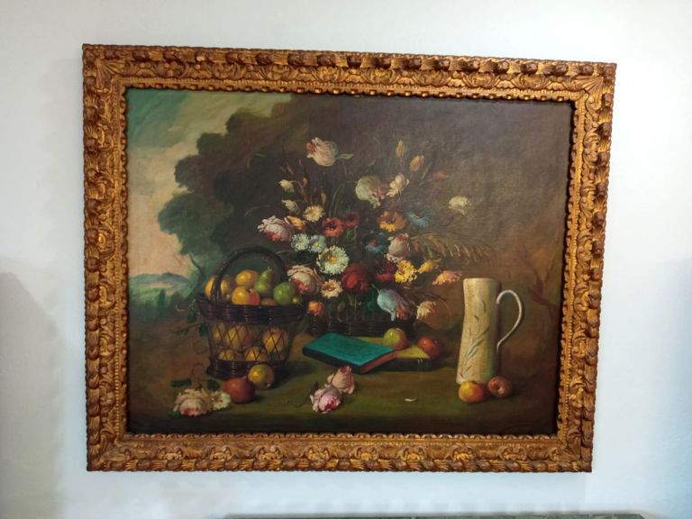 Óleo bodegón de flores y frutas