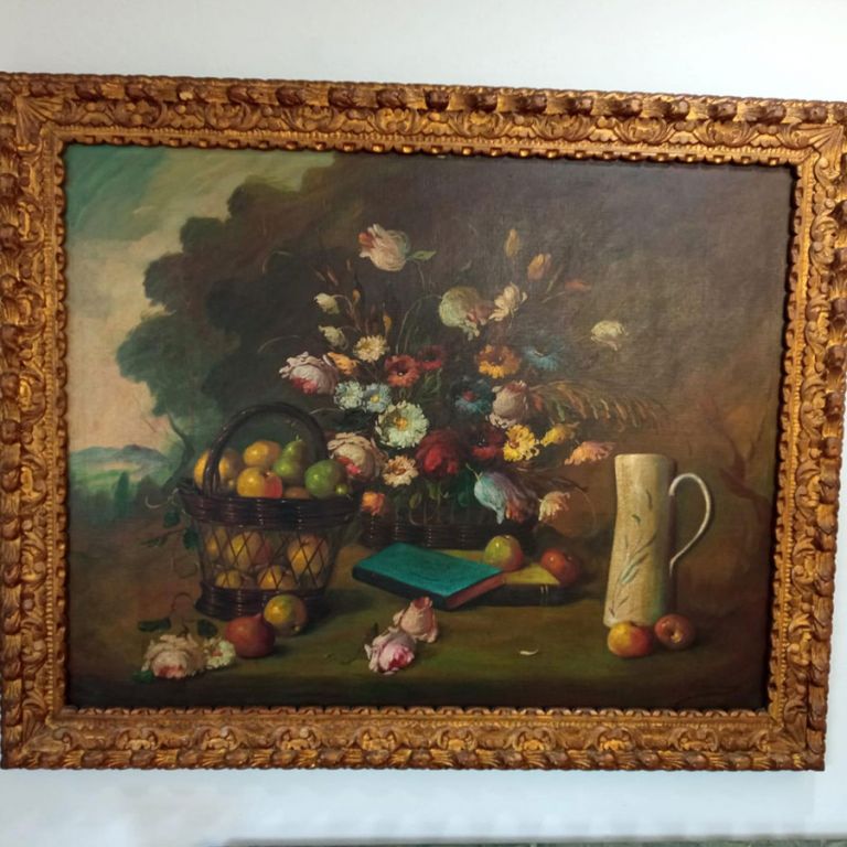 Óleo bodegón de flores y frutas