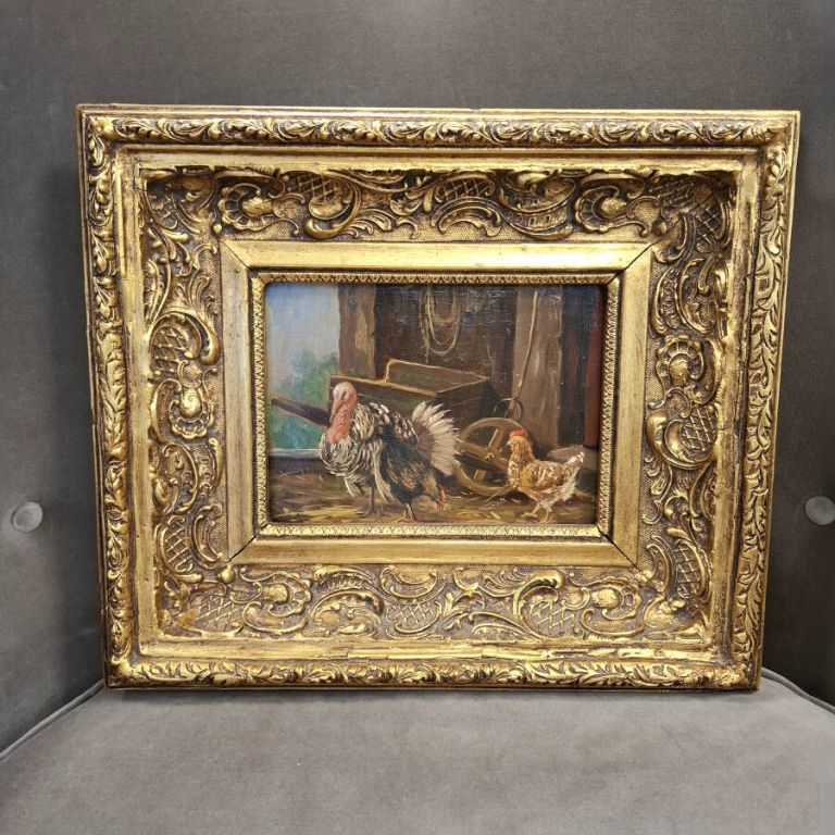 Pintura de gallo y gallinas