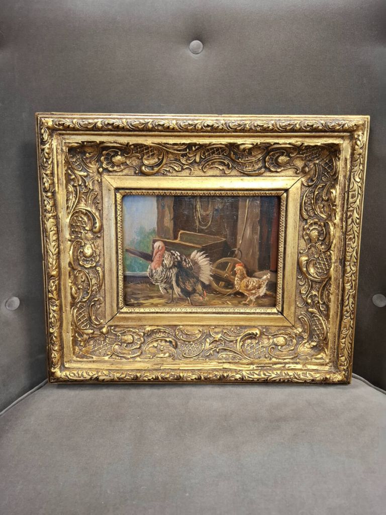 Pintura de gallo y gallinas